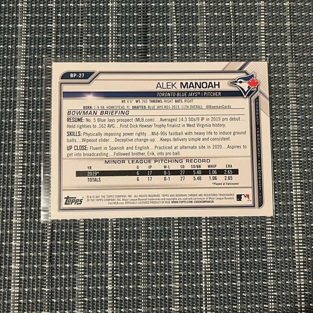 Num: 299/499 ⚾️ Alek Manoah 2021 Topps MLB Baseball Card #BP-27, Qty 1